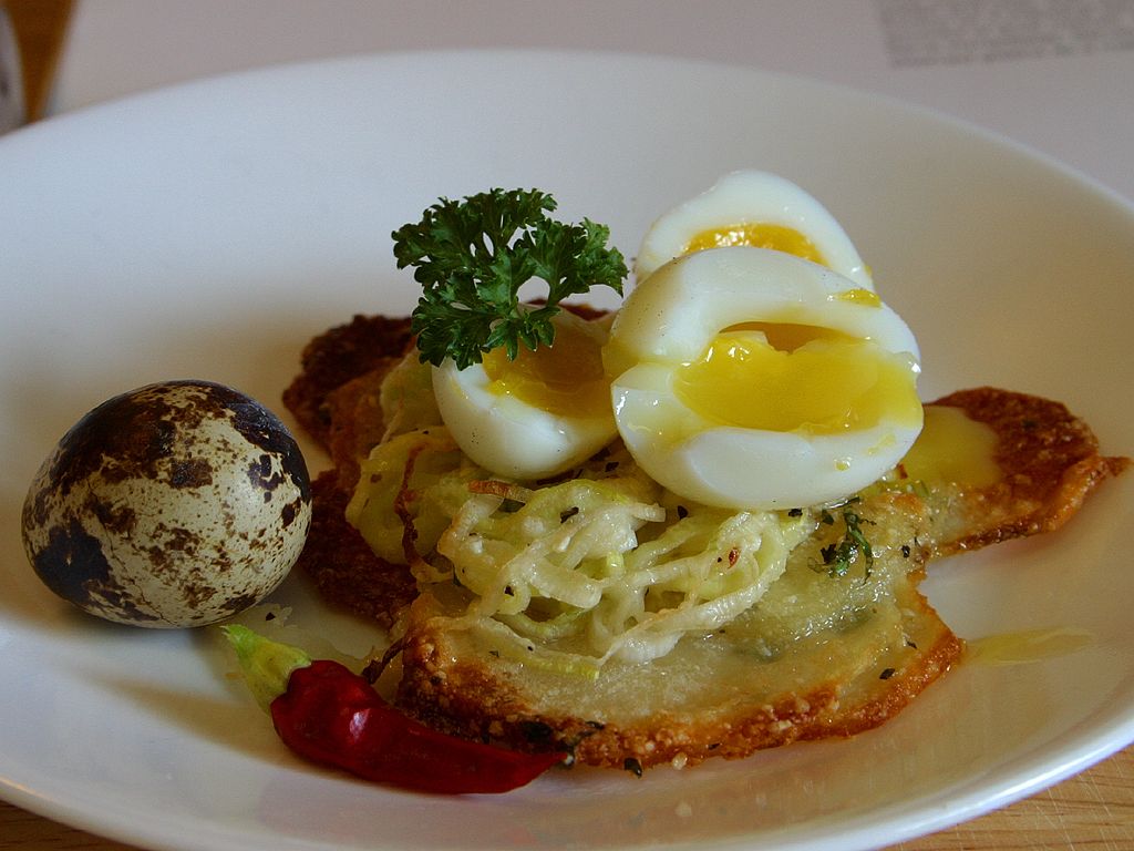 Potato galettes with quail egg. Img courtesy: Wikipedia